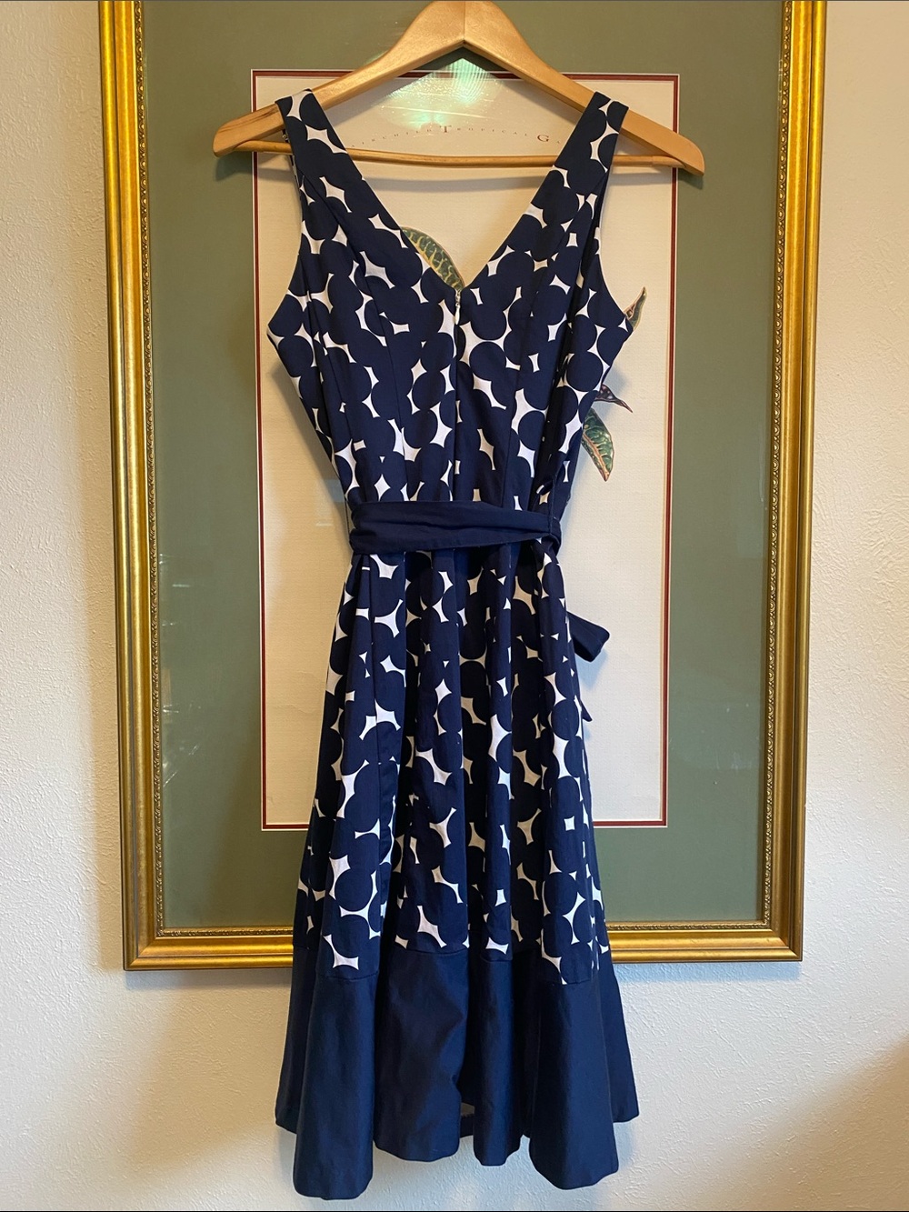 Nine West Navy and White Polka Dot V-Neck Fit-and-Flare Midi Dress - Picture 4 of 8